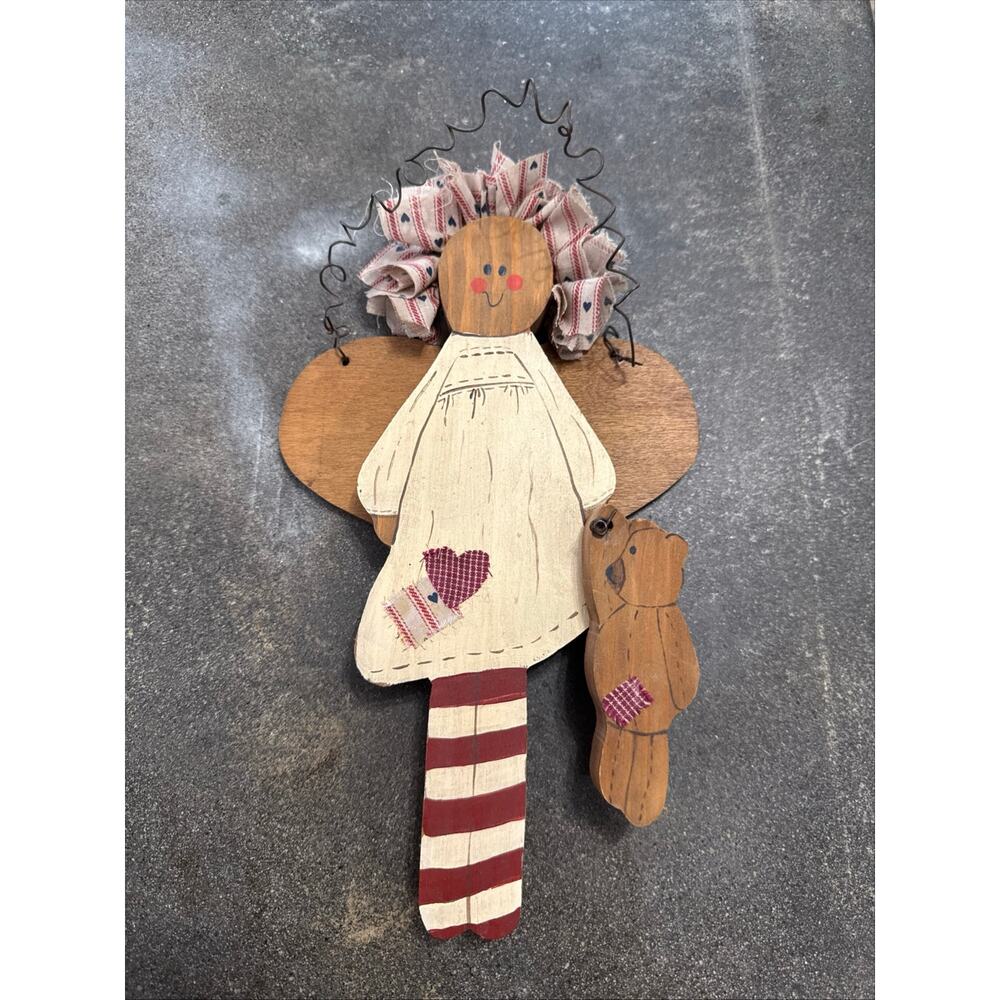 Wooden Hanging Angel + Teddy Bear Primitive/Rustic Patriotic Door Wall Decor VTG